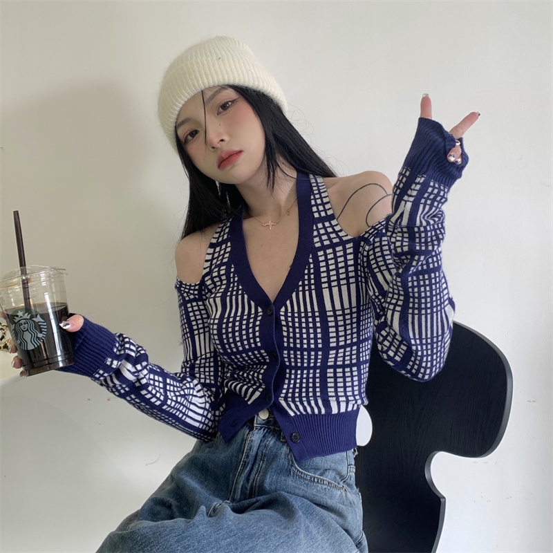 Áo cardigan ZHELIHANGFEI vải dệt kim cổ chữ V trễ vai quyến rũ thời trang