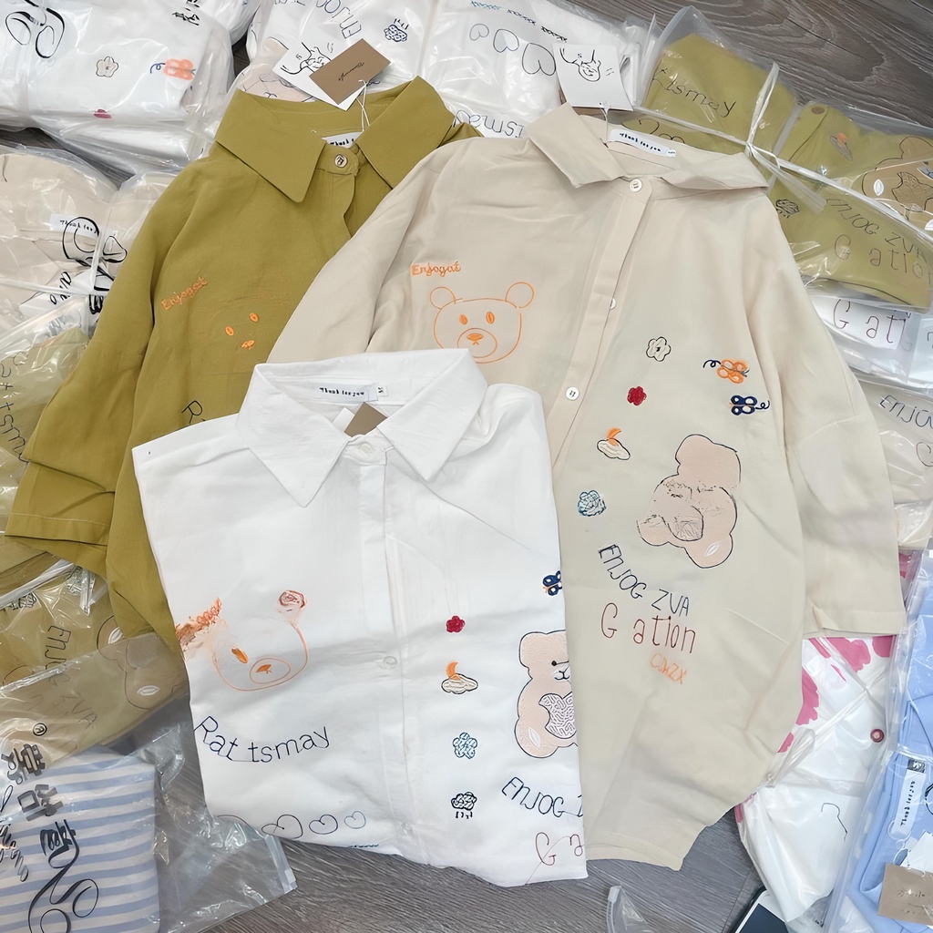 áo sơ mi hoạ tiết hình gấu cá tính