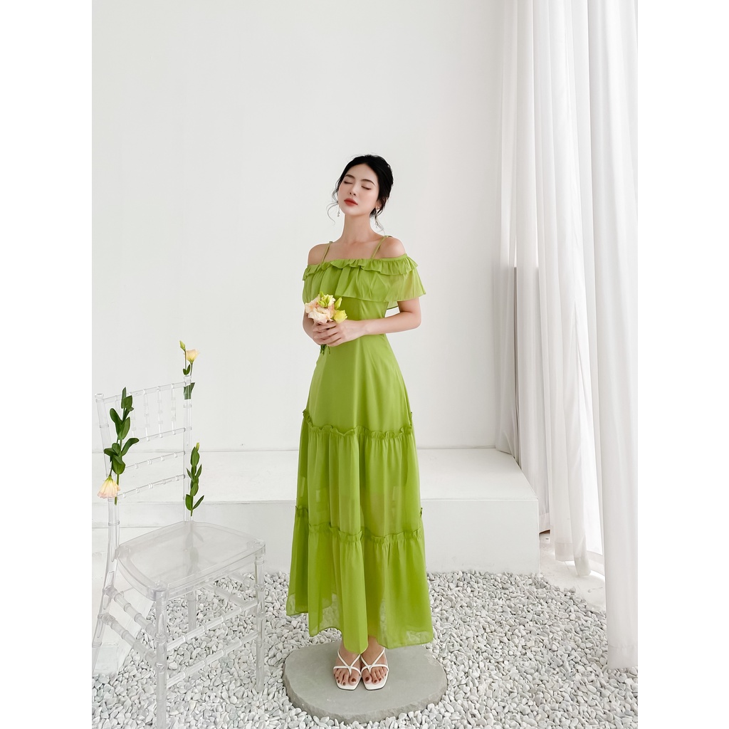 Váy trễ vai dáng dài màu xanh chất tơ óng cao cấp YAME