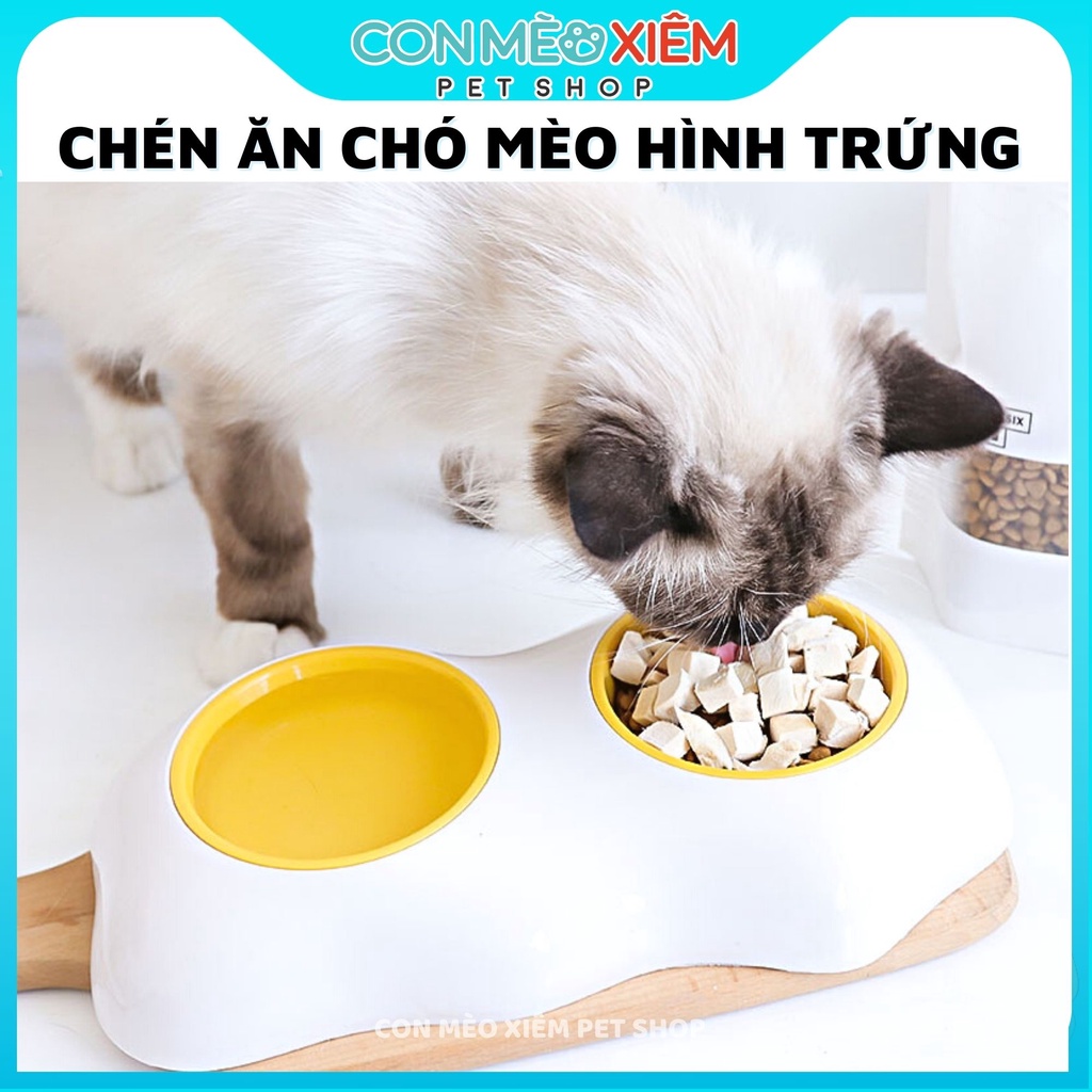 Chén ăn chó mèo bát đôi đơn ốp la nhựa đựng thức ăn hình trứng, phụ kiện thú cưng Con Mèo Xiêm