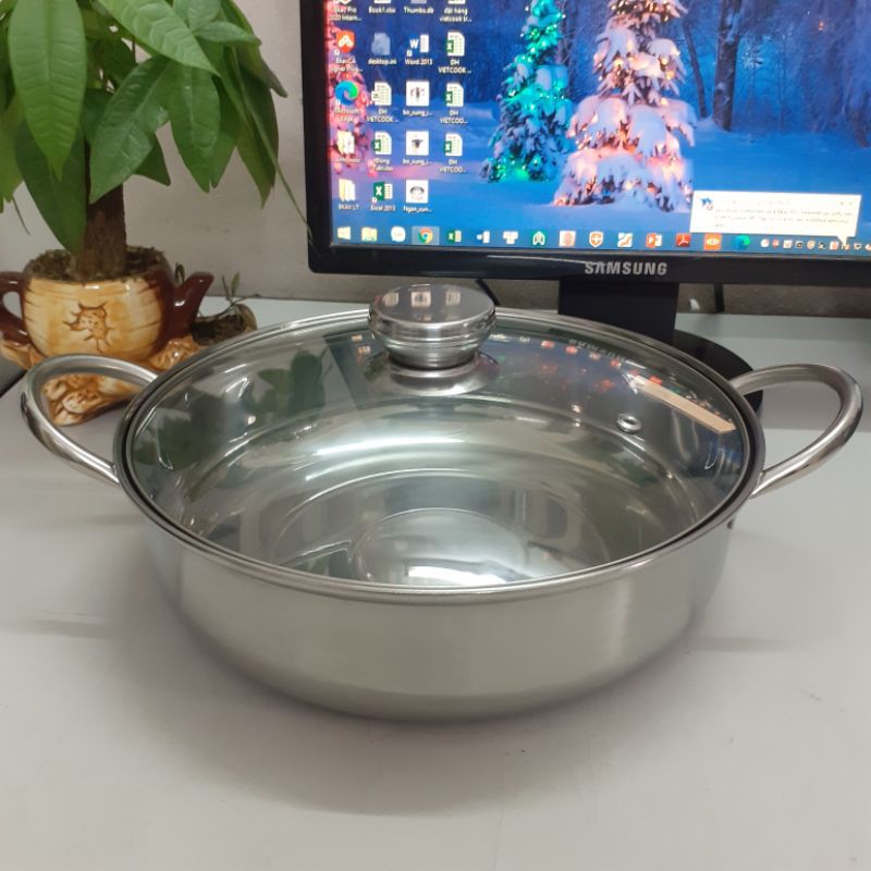 Nồi lẩu inox 3 đáy vung kính Vietcook đủ size 20, 22, 24, 26, 28, 30 cm sử dụng trên bếp từ cao cấp- bát lẩu inox