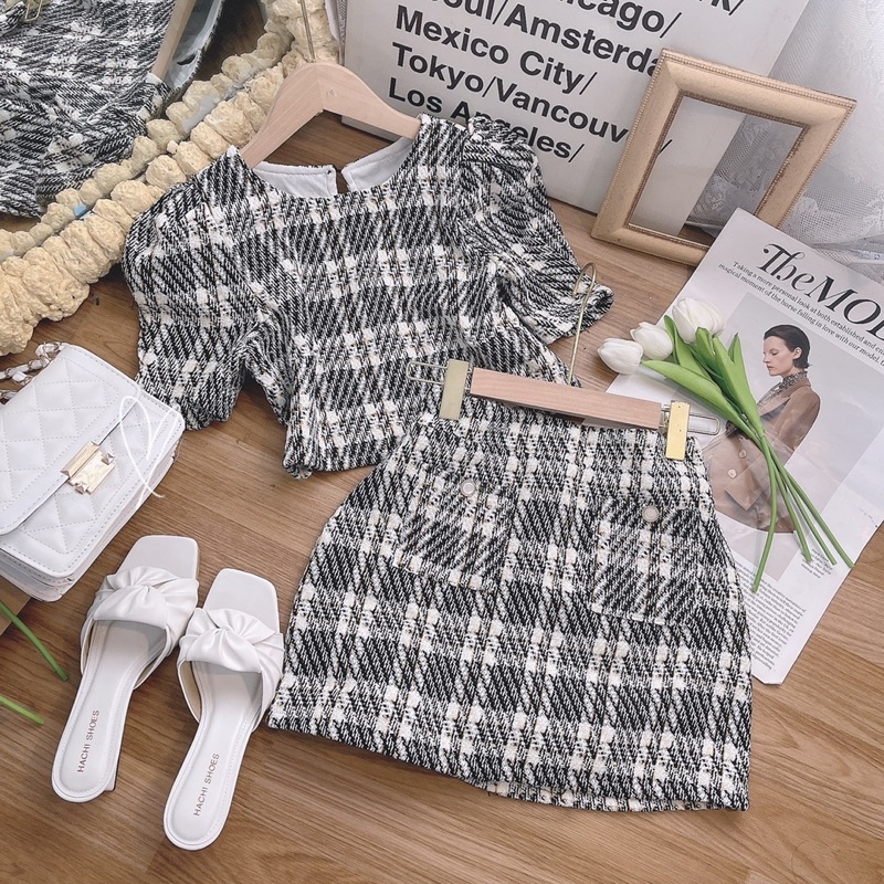 SET ÁO CROPTOP CARO BỐ + CHÂN VÁY CARO LÓT QUẦN