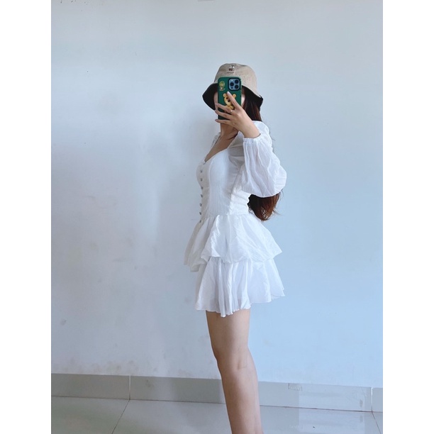 Đầm minal dress trắng tay dài phồng