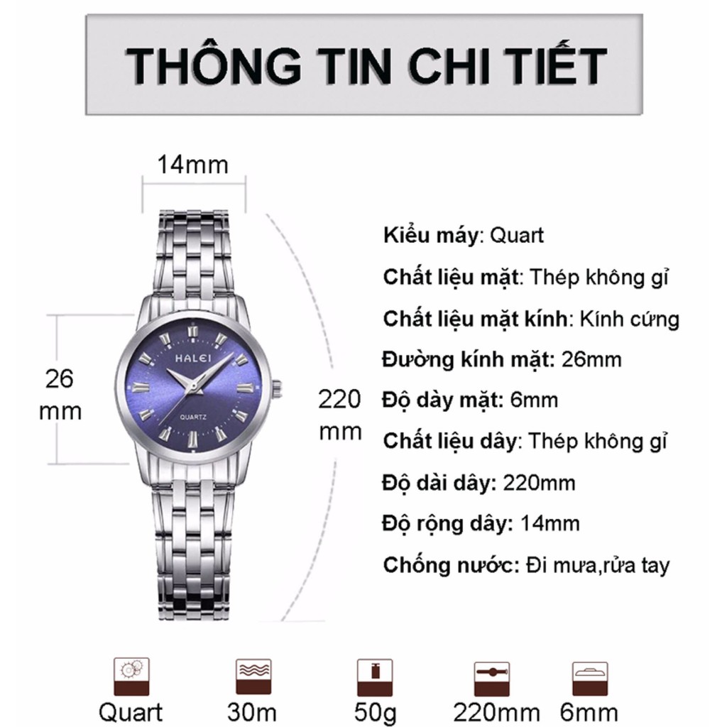 Đồng hồ Nữ Halei máy Nhật chính hãng mặt tròn 26mm dây kim loại mạ vàng không gỉ chống xước, chống nước tuyệt đối 502