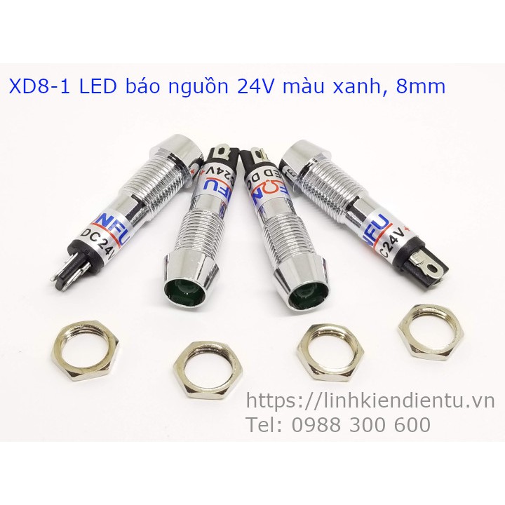 5 đèn LED báo nguồn XD8-1 vỏ inox 8mm, điện áp: 12v, 24v, 220v, màu sắc: xanh, đỏ, vàng