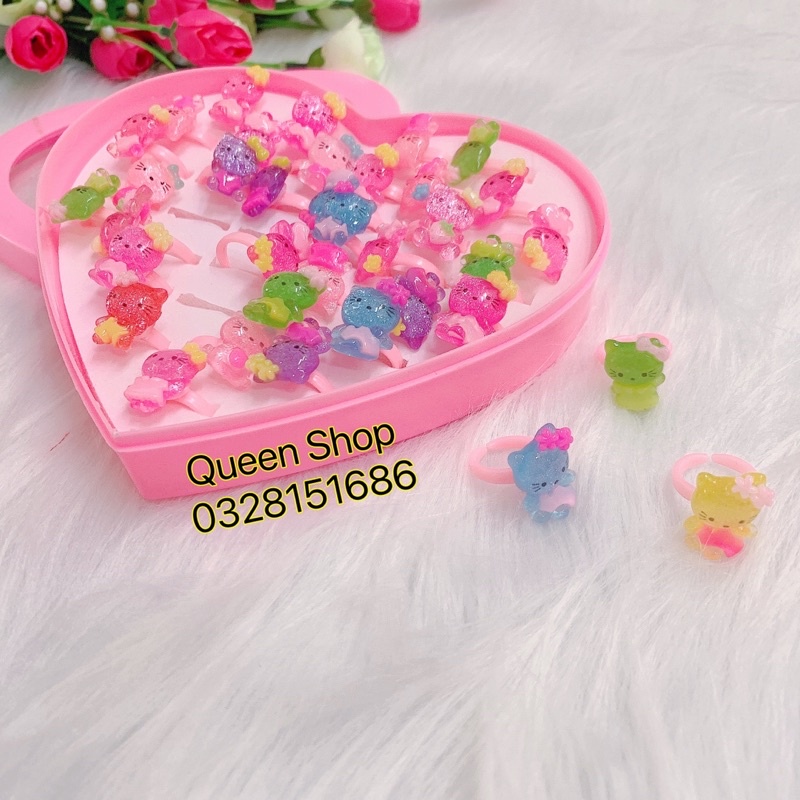 1 chiếc nhẫn nhũ lấp lánh đeo tay , nhẫn nhựa hình mèo hello kitty cho bé gái