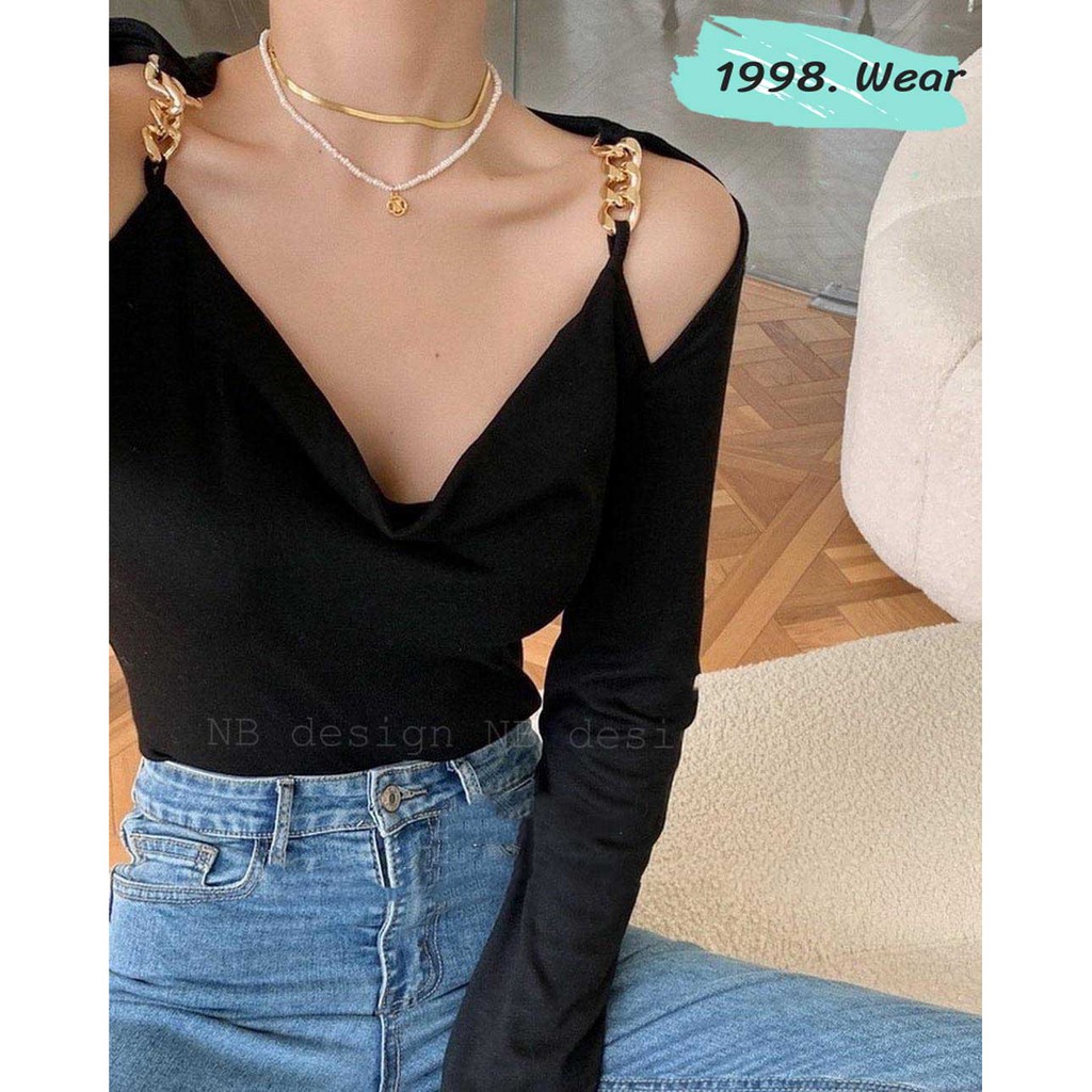 [ hot hot hot] Áo dài tay phối xích vai, áo trễ vai phối hai dây,  hai màu đen - trắng | BigBuy360 - bigbuy360.vn