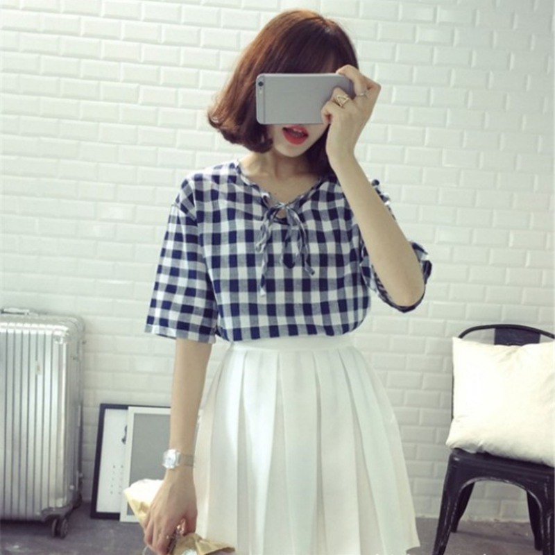 Áo Thun Lửng Ngắn Tay Họa Tiết Sọc Caro Cho Nữ