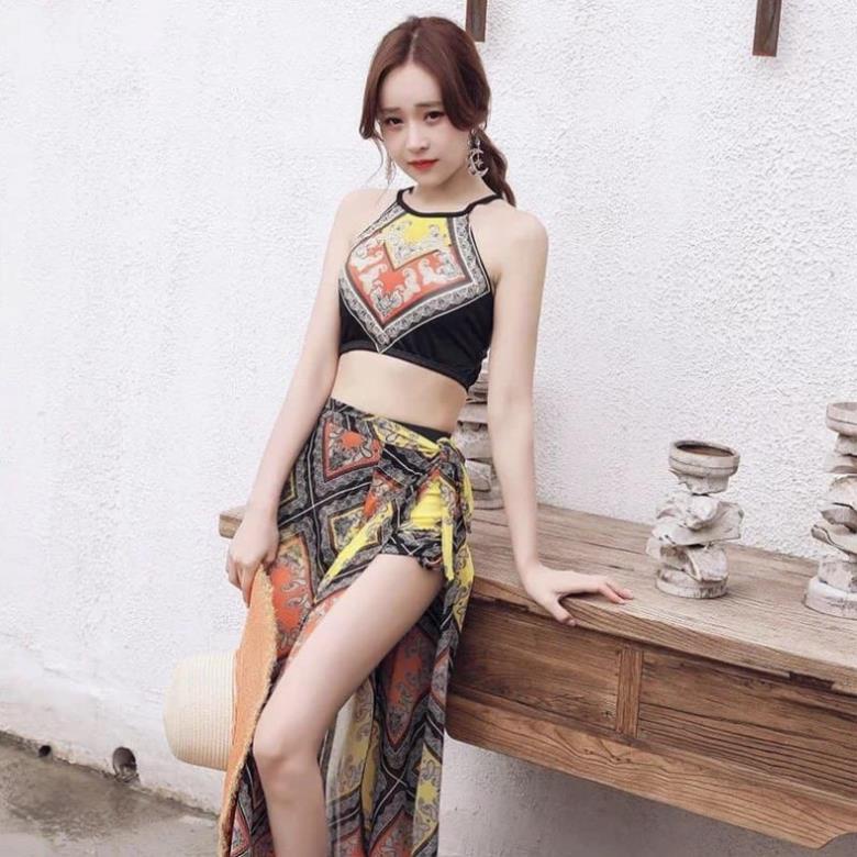 Hàng mới Bộ Đồ Bơi 3 Chi Tiết Họa Tiết Thổ Cẩm - Set Áo Tắm Đi Biển Nữ Kèm Khăn Tắm Siêu Đẹp