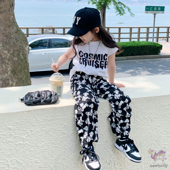 Bộ Áo Sát Nách In Chữ + Quần Thiết Kế Hoạt Hình Phong Cách Hàn Quốc Cho Bé Gái