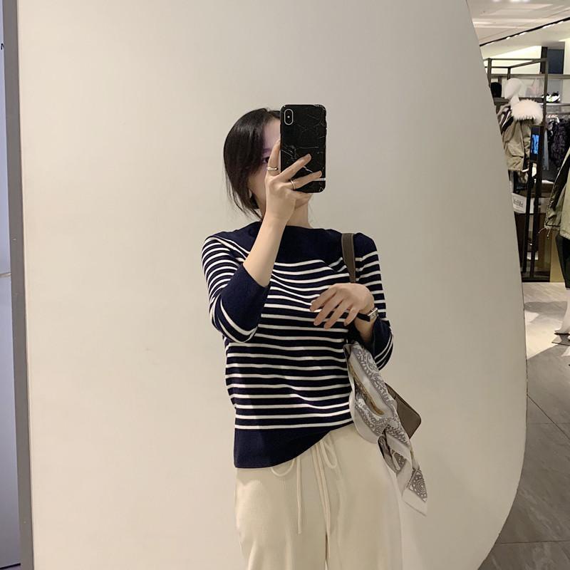 Áo Sweater Dệt Kim Kẻ Sọc Phong Cách Hepburn Pháp Cổ Điển Thời Trang Mùa Thu Mới Cho Nữ