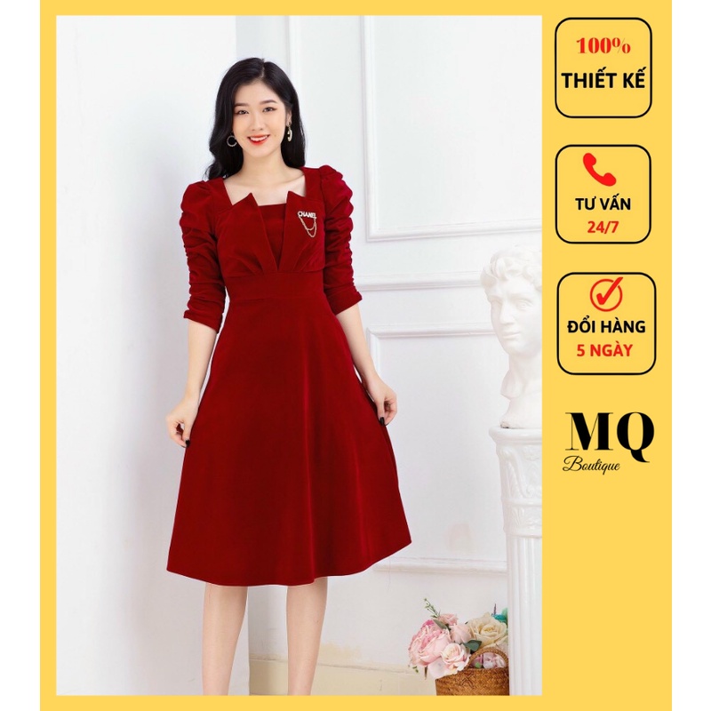 Váy nhung nữ dự tiệc, công sở dáng xòe tay rúm, cúp ngực thiết kế MQ Boutique cao cấp
