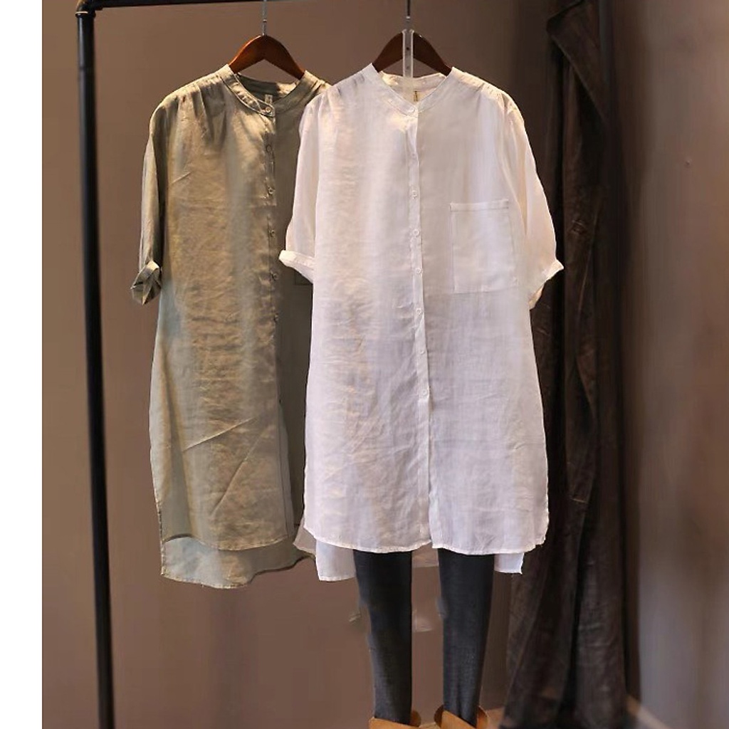 Sơ mi dáng dài Linen bột Premium cổ tàu tay lỡ trẻ trung