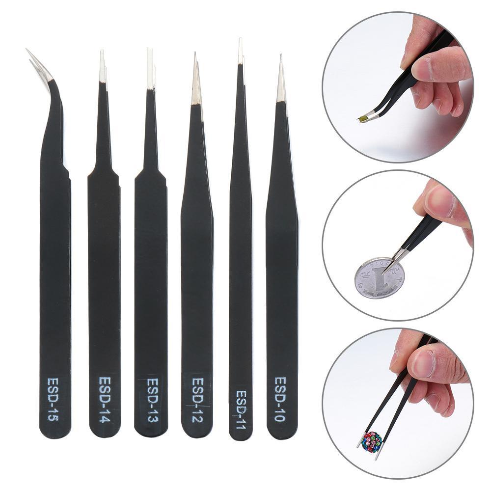 Bộ 6 Nhíp Gắp ESD Bằng Thép Không Gỉ Chống Tĩnh Điện An Toàn Đa Năng