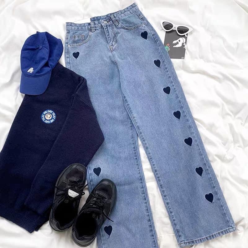 Quần Baggy Jean Nữ Suông Ống Rộng Lưng Siêu Cao In Trái Tim Dọc Kiểu ULZZANG