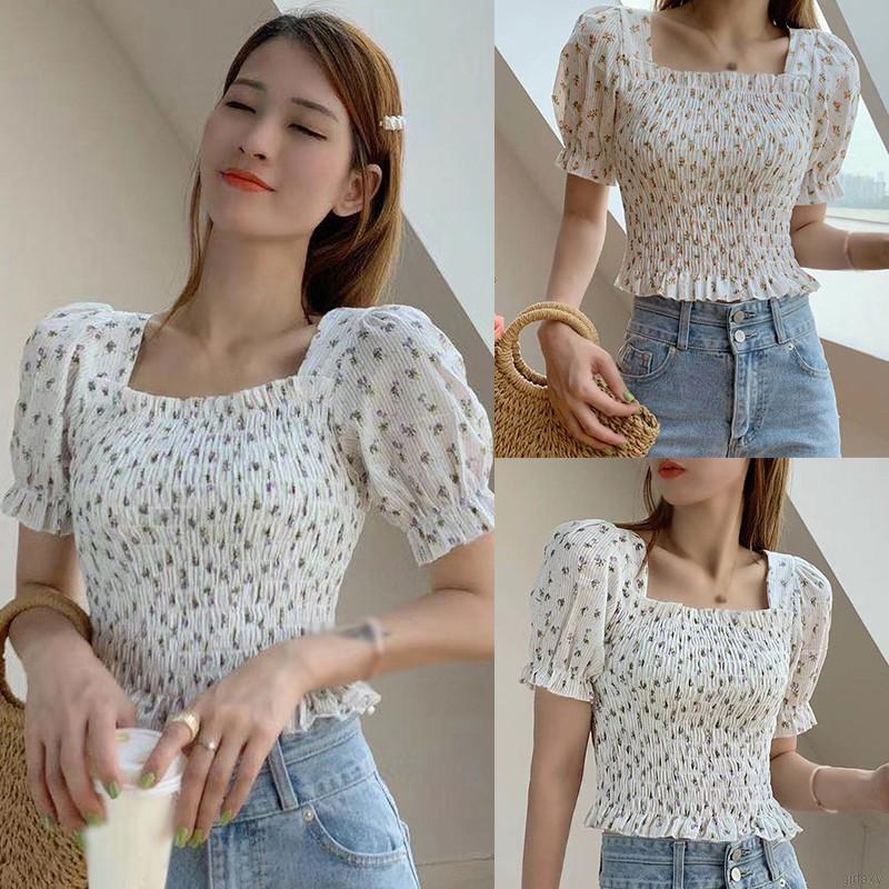 Áo Nhún Cổ Vuông Tay Ngắn Phồng Họa Tiết Hoa Nhí Xinh Xắn Thời Trang Phong Cách Hàn Quốc Cho Nữ