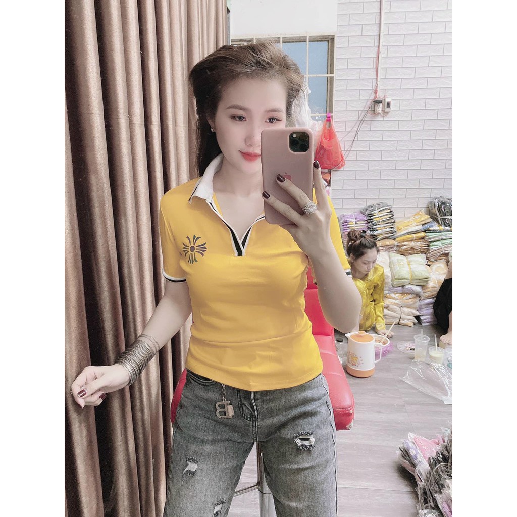 áo thun cổ bẻ ôm body in hình, viền cổ tay xinh, đủ màu ảnh thật,