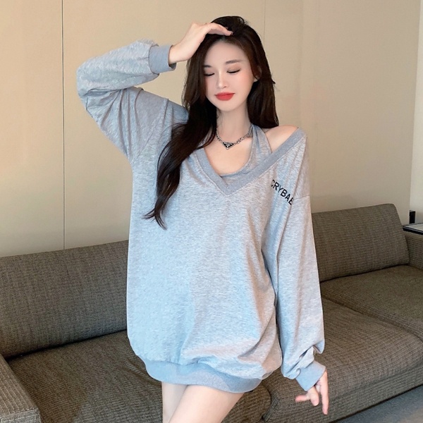 SUXI Áo thun tay dài cổ chữ v dáng dài rộng phong cách Hàn Quốc cho nữ