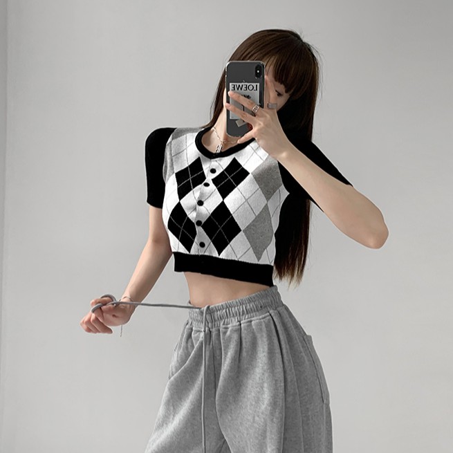 Áo Croptop Dệt Kim Tay Ngắn Kẻ Sọc Kiểu Vintage Thiết Kế Quyến Rũ Dành Cho Nữ