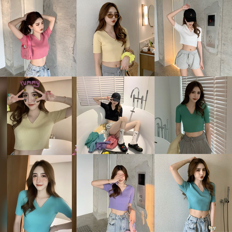 Xiaozhainv Áo thun tay ngắn cổ chữ V màu trơn ôm dáng sành điệu | BigBuy360 - bigbuy360.vn