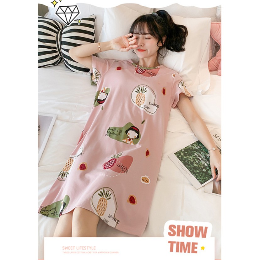 Váy ngủ cotton dáng suông cộc tay mềm mịn thoáng mát dễ thương VN-02 ( CÔ BÉ DỨA )