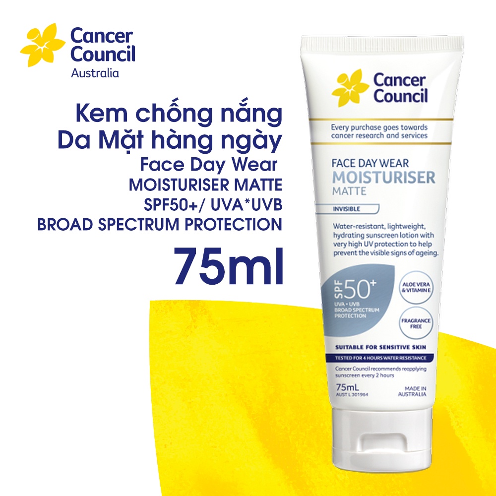 Kem chống nắng cho da mặt chống nước Cancer Council Face Day Wear 75ml SPF50+/PA++++