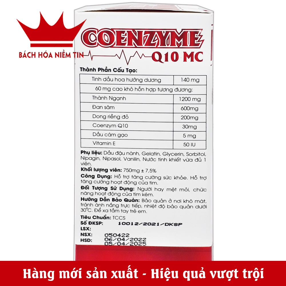Viên uống bổ tim mạch Coenzyme Q10 - giúp điều hòa huyết áp tăng cường sức khỏe - Hôp 30 viên