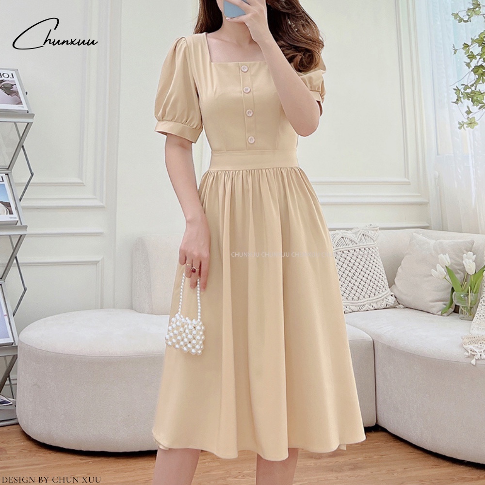 Váy nữ cổ vuông dáng xòe thiết kế thanh lịch chất vải đẹp ChunXuu V09
