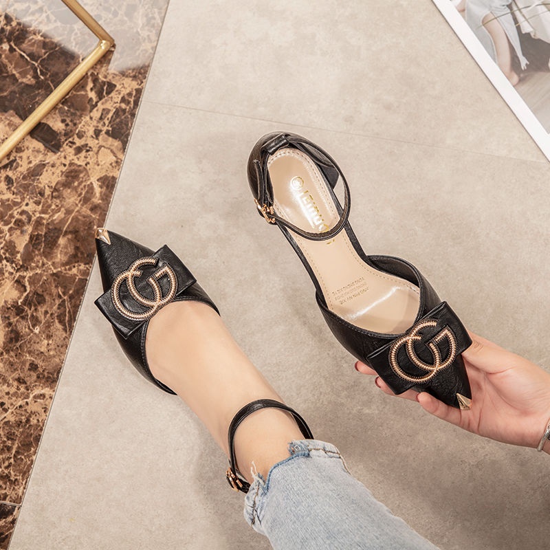 Shoes Genuine Leather Sheepskin Closed Toe Sandals 2021 Spring And Summer New High Heel Stiletto Heel Pointed Toe Buckle Sexy Women 'S Shoes