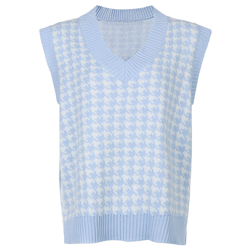 Áo Len Sát Nách Cổ Chữ V Họa Tiết Houndstooth Phong Cách Anh