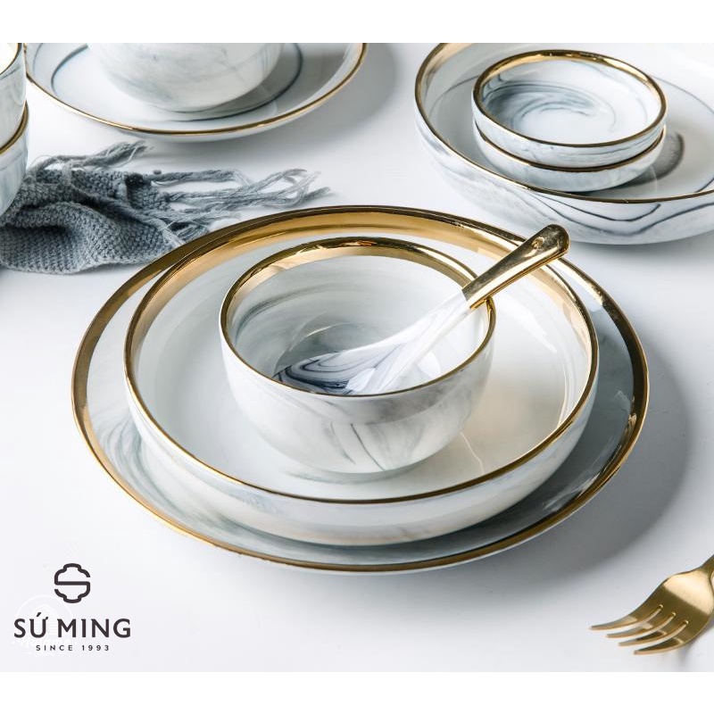 LẺ Bộ Bát Đĩa Sứ Màu Ghi Vân Đá Cao Cấp, Sang Trọng, viền vang 24k