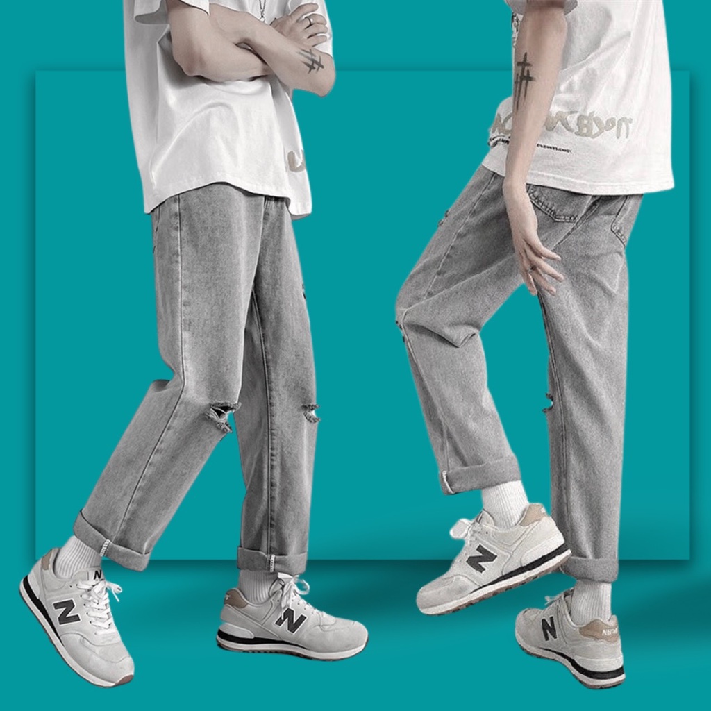 Quần baggy jean nam suông Gấu 194 vải jeans co dãn, dày dặn form slimfit - Jean Suông Xám Rách