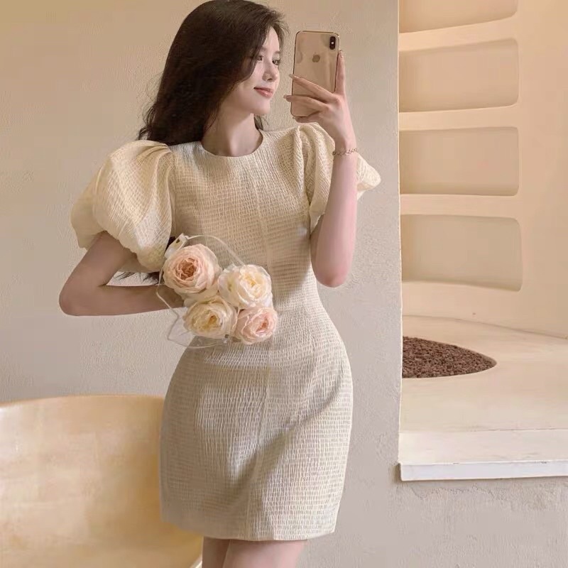 Đầm Ngắn Tay Phồng Kết Hợp Cổ Tròn Vừa Xinh Vừa Trẻ Trung - Xu hướng Quảng Châu [D0012 (42,98)