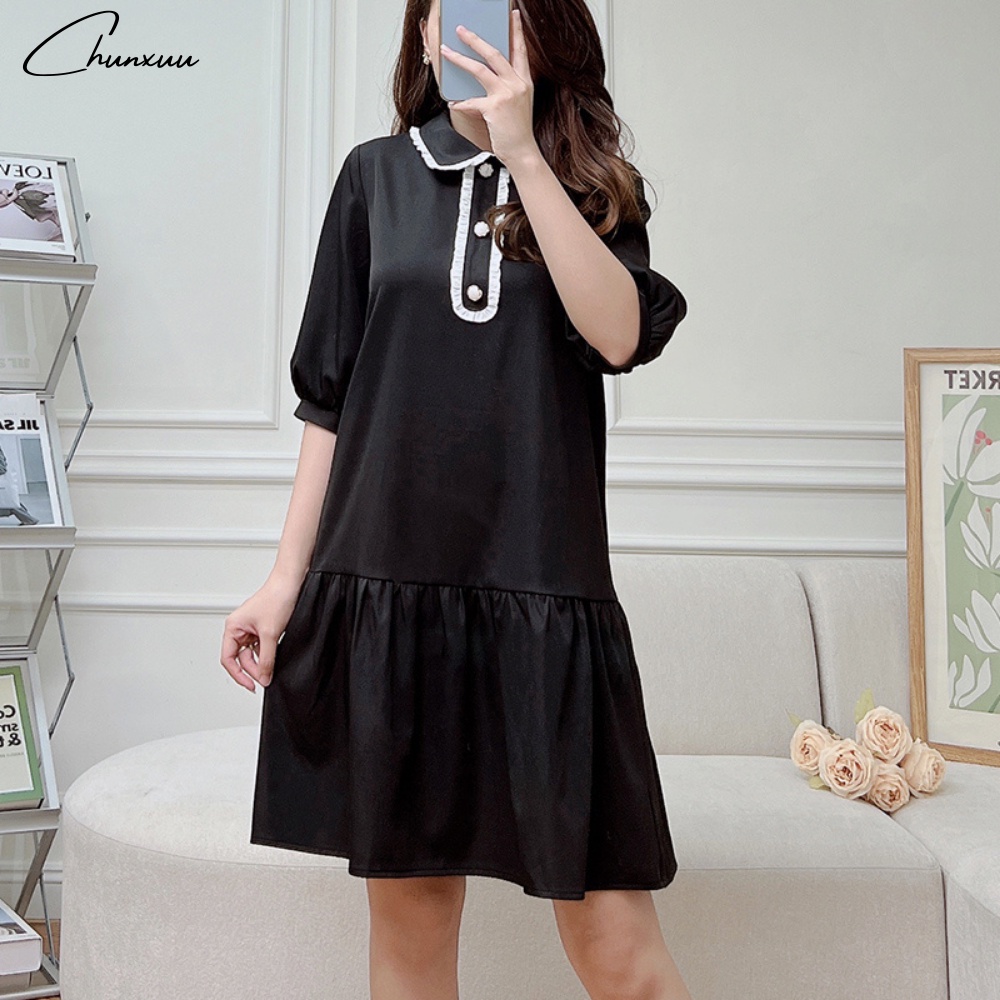 Váy nữ thiết kế dáng babydoll tay lỡ cổ phối viền thanh lịch vải tơ mềm mịn ChunXuu - V13