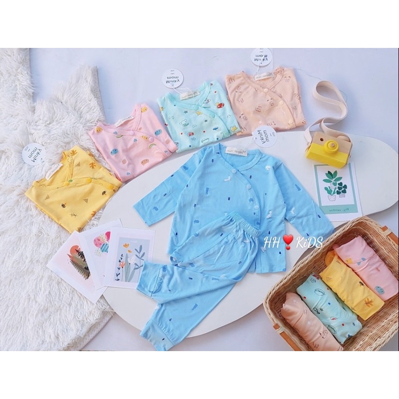 Bộ quần áo dài tay cúc cài lệch vải thun lạnh điều hòa mềm mát minky mom bé trai bé gái 4-11kg