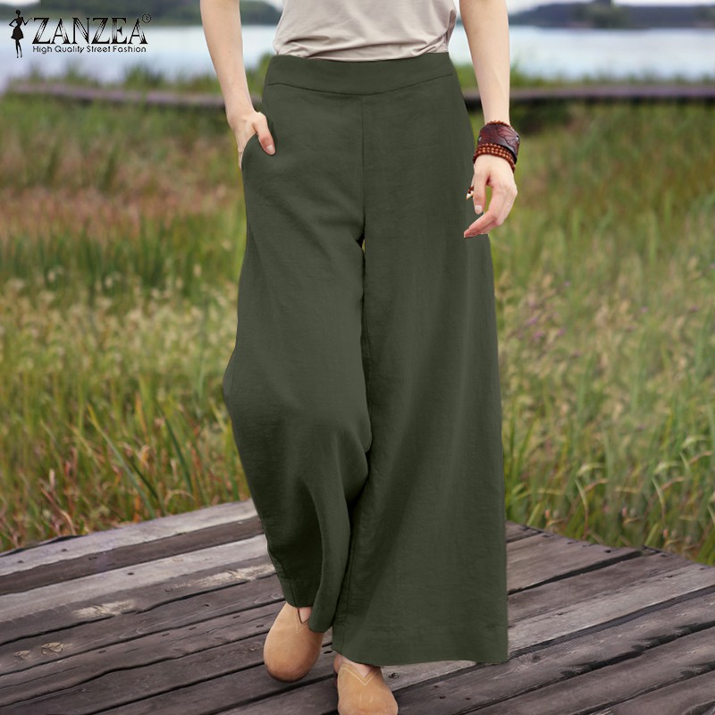 Quần Dài ZANZEA Ống Rộng Màu Trơn Thời Trang Cho Nữ