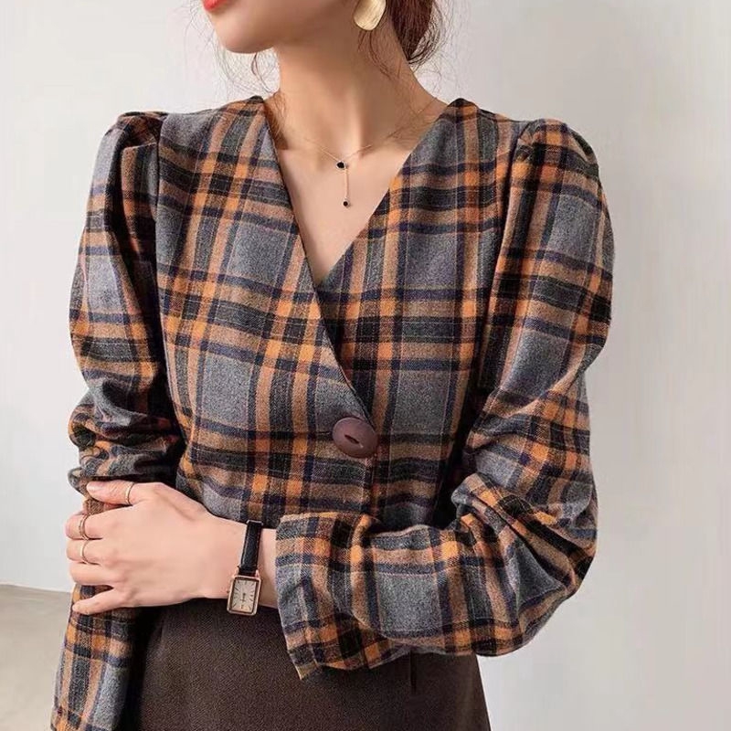 Áo Sơ Mi Tay Dài Phồng Dáng Rộng Cổ Chữ V Kẻ Sọc Caro Phong Cách Retro Hàn Quốc Dễ Phối Đồ Cho Nữ