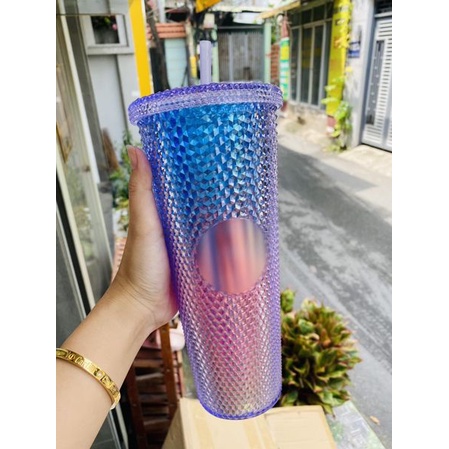 Ly nhựa kim cương 800ml 2 lớp đựng nước có ống hút và nắp