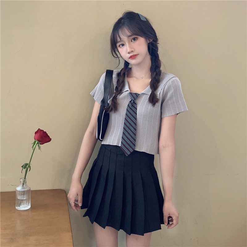 Áo Thun polo Dệt Kim Tay Ngắn Vải Lụa Lạnh Mỏng Phối Cà Vạt Kiểu Retro Thời Trang Mùa Hè Cho Nữ