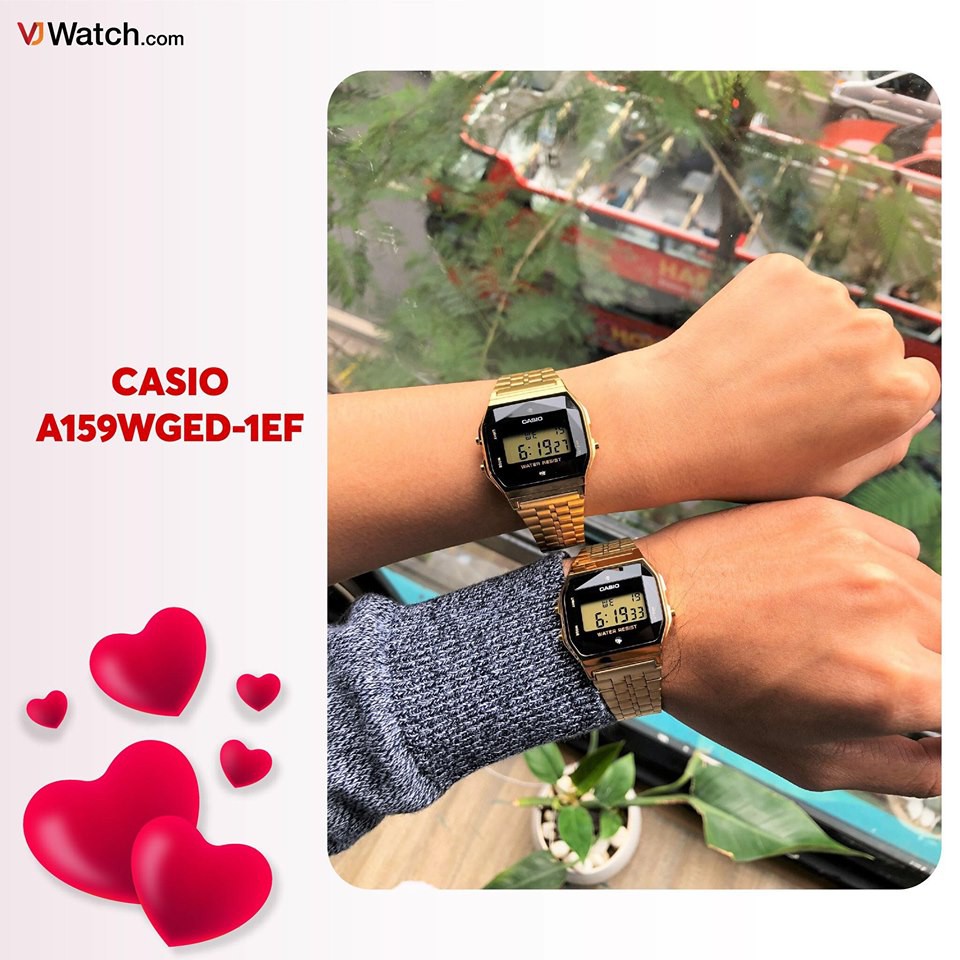 Đồng hồ Unisex CASIO A159WGED đính 2 viên kim cương tự nhiên