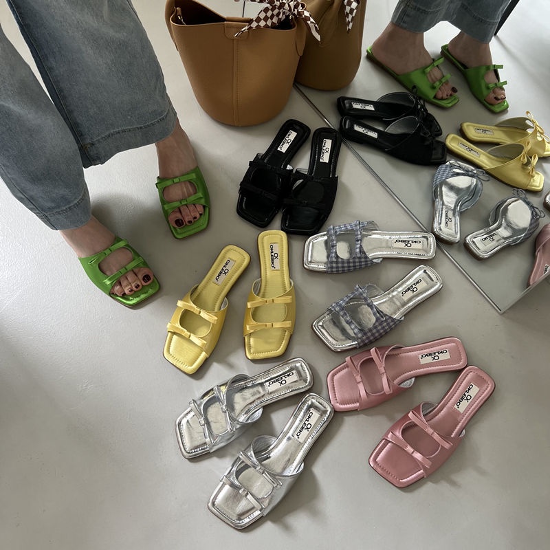 2023 Dép Lê Nữ Đế Bằng Mũi Vuông Thắt Nơ Xinh Xắn Thời Trang