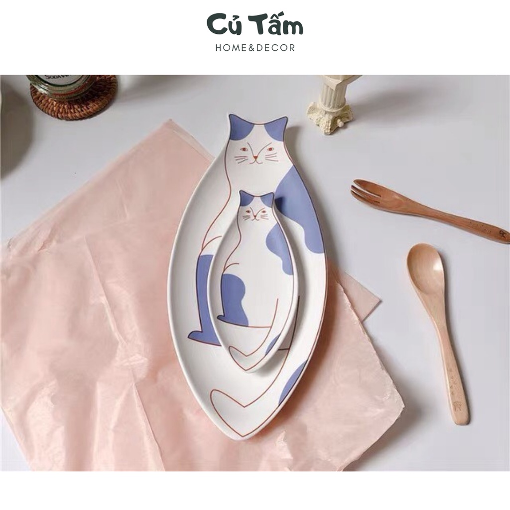 (Mới về) Đĩa sứ tráng men họa tiết mèo con độc đáo, đĩa đựng đồ ăn phong cách Hàn Quốc - cutam.homedecor
