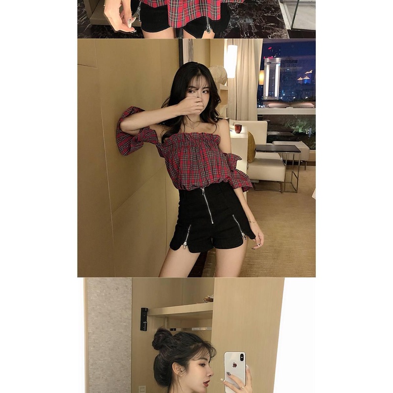 Áo Kiểu Trễ Vai Họa Tiết Sọc Caro Quyến Rũ Thời Trang