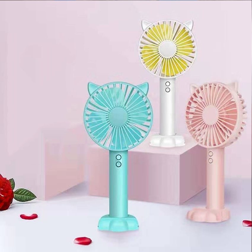 Quạt mini cầm tay tiện dụng handy fan 3 tốc độ gió tai mèo cao cấp có đèn kiêm giá đỡ điện thoại