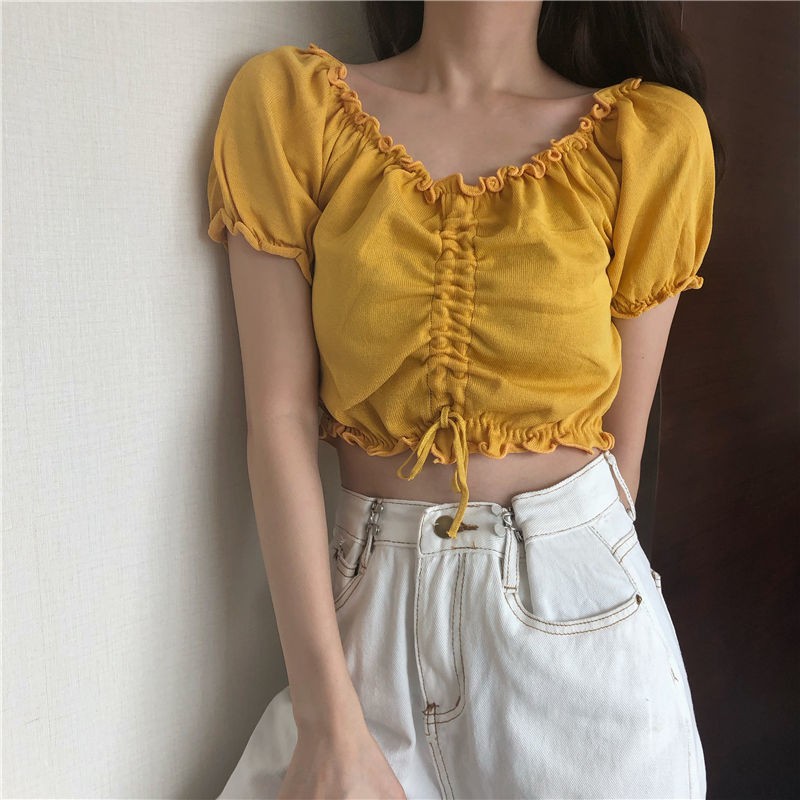 Drawstring design T-shirt women's summer 2021 new style puff sleeve white short cropped knitted short-sleeved top
