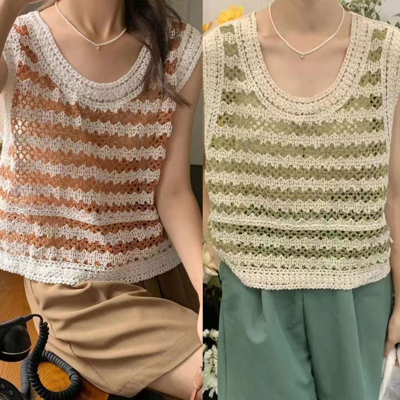 Áo Len Dệt Kim Mỏng Không Tay Cổ Tròn Thời Trang Hàn Quốc