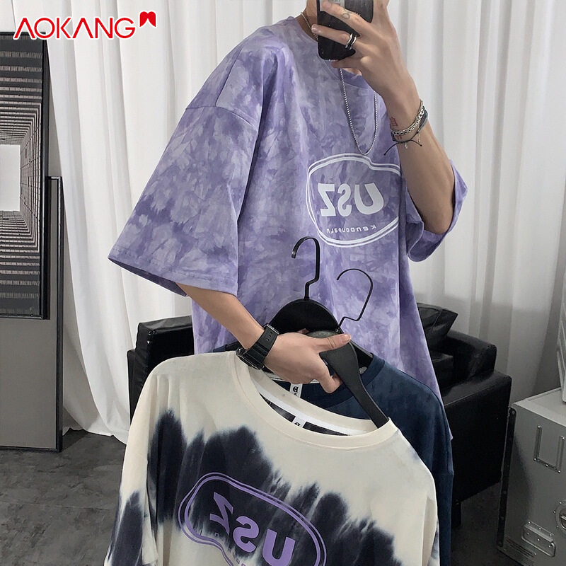 Áo thun AOKANG tay ngắn dáng rộng nhuộm màu phong cách Hàn Quốc thời trang hè cho nam