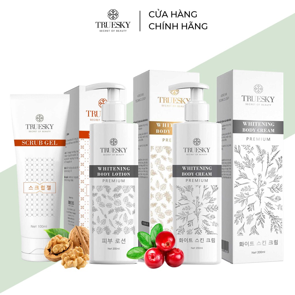 Bộ sản phẩm tắm trắng toàn diện cao cấp Truesky VIP12 gồm 1 kem ủ trắng toàn thân 200 & 1 kem body 200 & 1 tẩy tế bào da
