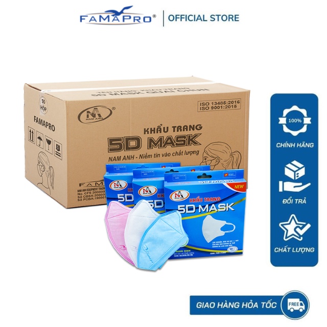 [5D MASK- THÙNG 100 HỘP] Khẩu trang y tế kháng khuẩn 3 lớp Famapro 5D Mask (10 cái/hộp )