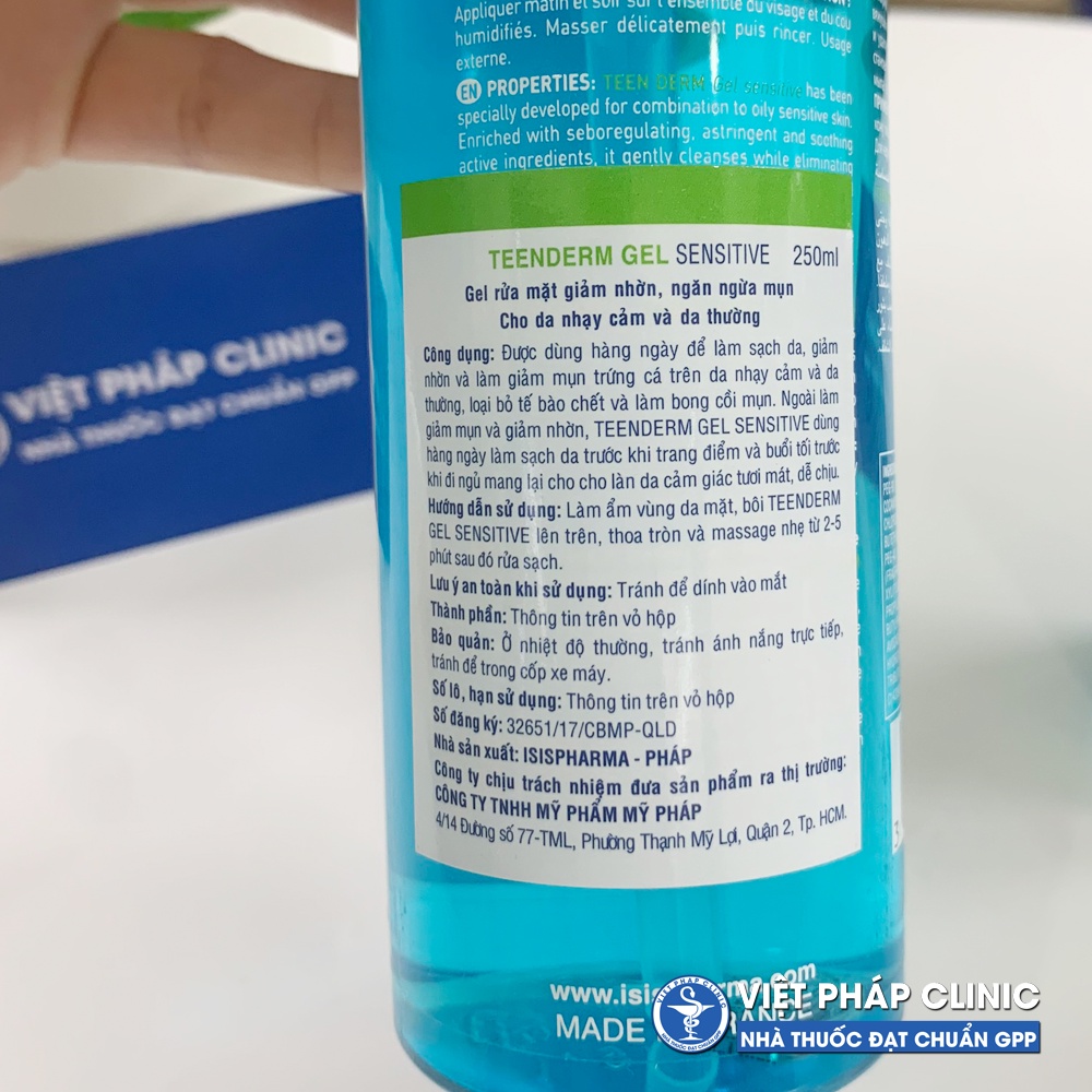 Gel rửa mặt giảm nhờn, ngừa mụn ISIS PHARMA TEENDERM GEL SENSITIVE
